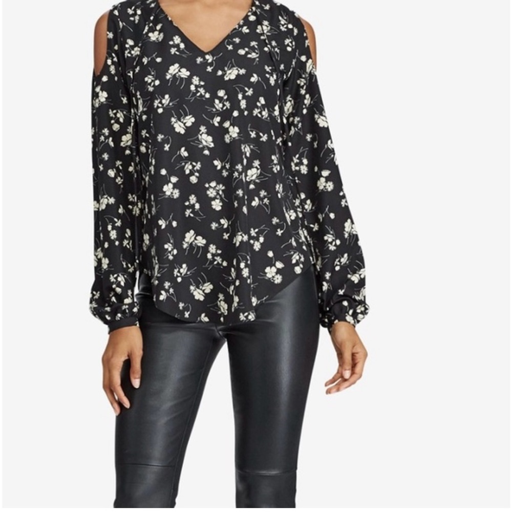 Lauren Ralph Lauren Women's Floral Print Cold Shoulder Blouse Black Petite Lg